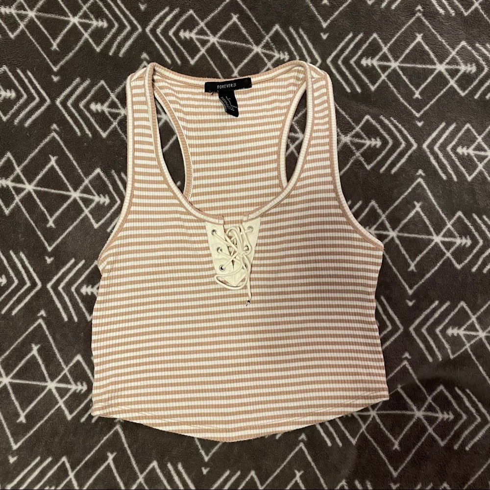 Tan and white lace up tank